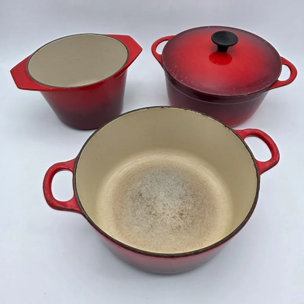 Le Creuset Cousances Red Enamel 2 X Cast Iron Pot Lid Size 20, 22 and fondue Pot